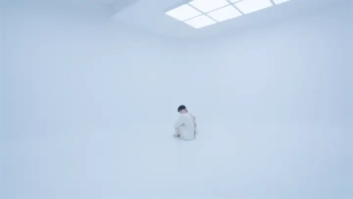 흰 공간 가운데 앉아 있는 인물의 원경